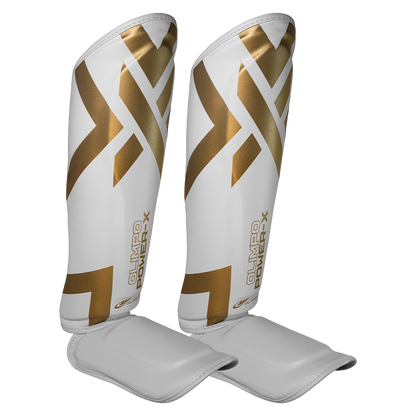 Caneleira Muay Thai Power-X Edition - Branco Com Dourado