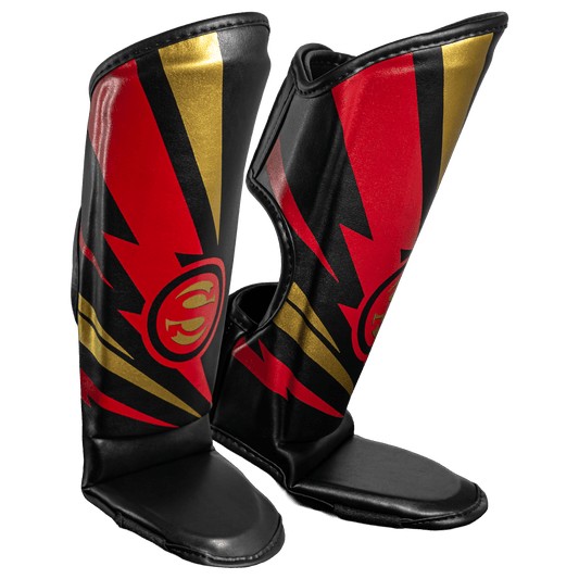 Caneleira de Muay Thai Infantil Super-Hero – Preto com Dourado – Olimpo