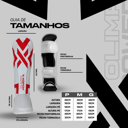 Caneleira de Muay Thai Power - X - Branco e Vermelho - Olimpo