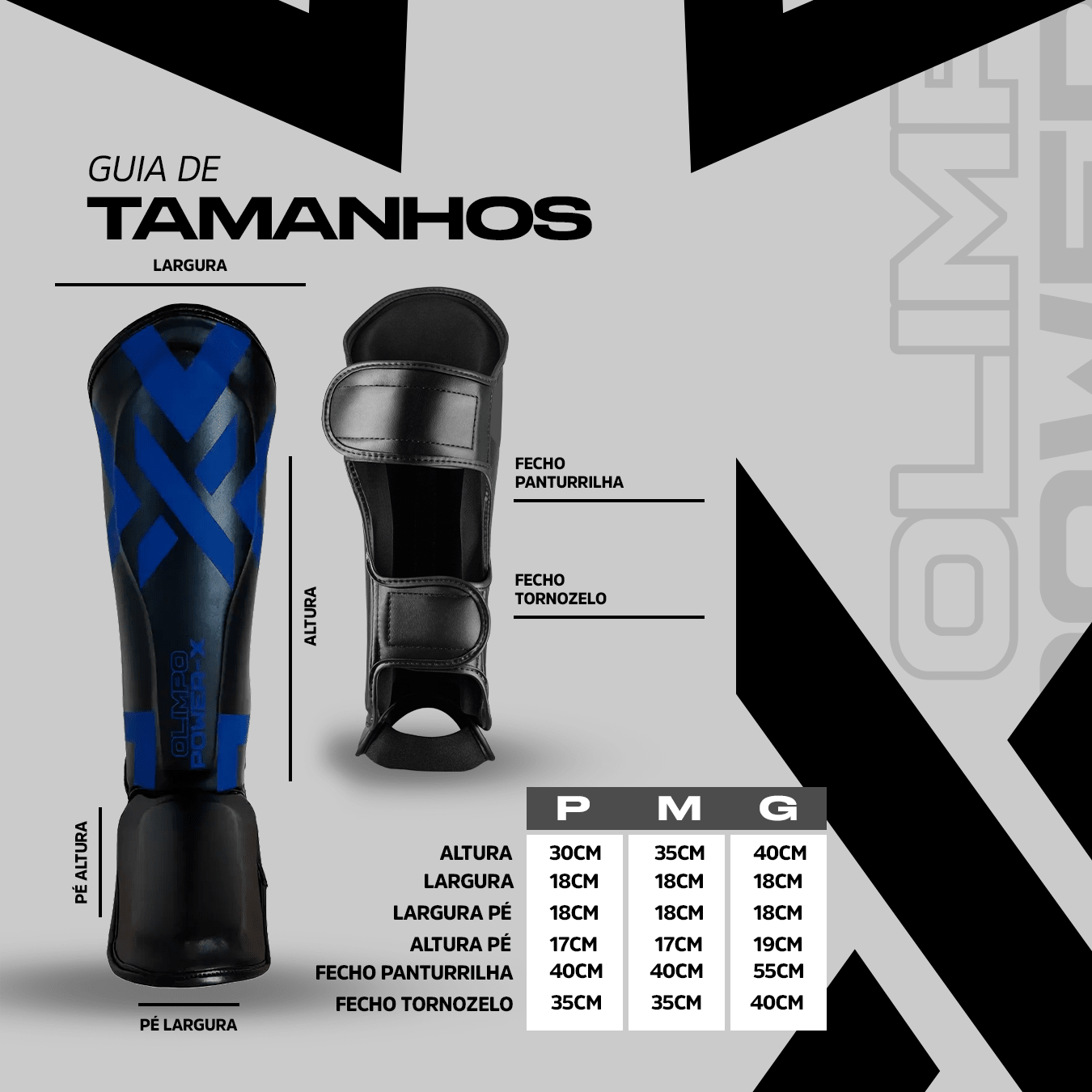 Caneleira de Muay Thai Power - X - Preto e Azul - Olimpo