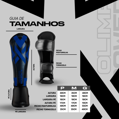 Caneleira de Muay Thai Power - X - Preto e Azul - Olimpo