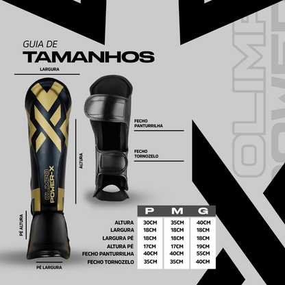 Caneleira de Muay Thai Power - X - Preto e Dourado - Olimpo