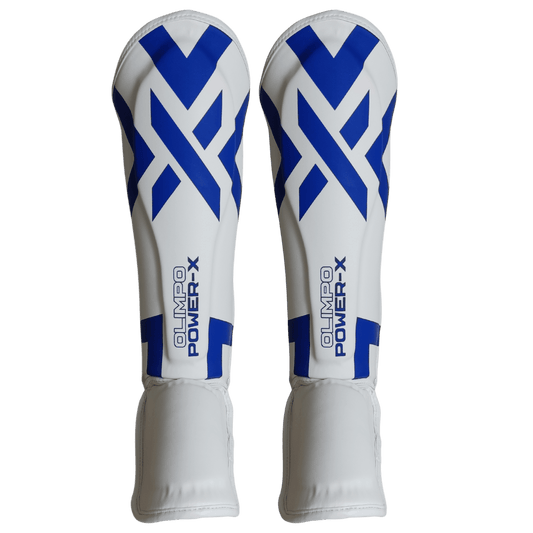 Caneleira Muay Thai Power-X Edition branco com azul vista frente