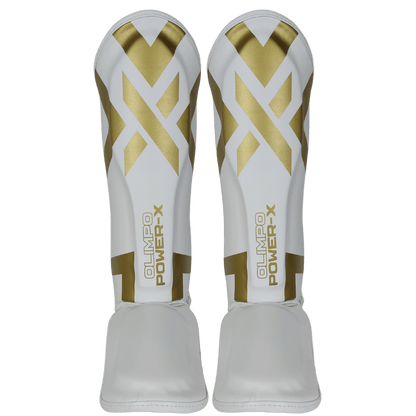 Caneleira Muay Thai Power-X Edition branco com dourado vista frontal