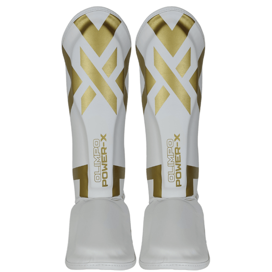 Caneleira Muay Thai Power-X Edition branco com dourado vista frontal