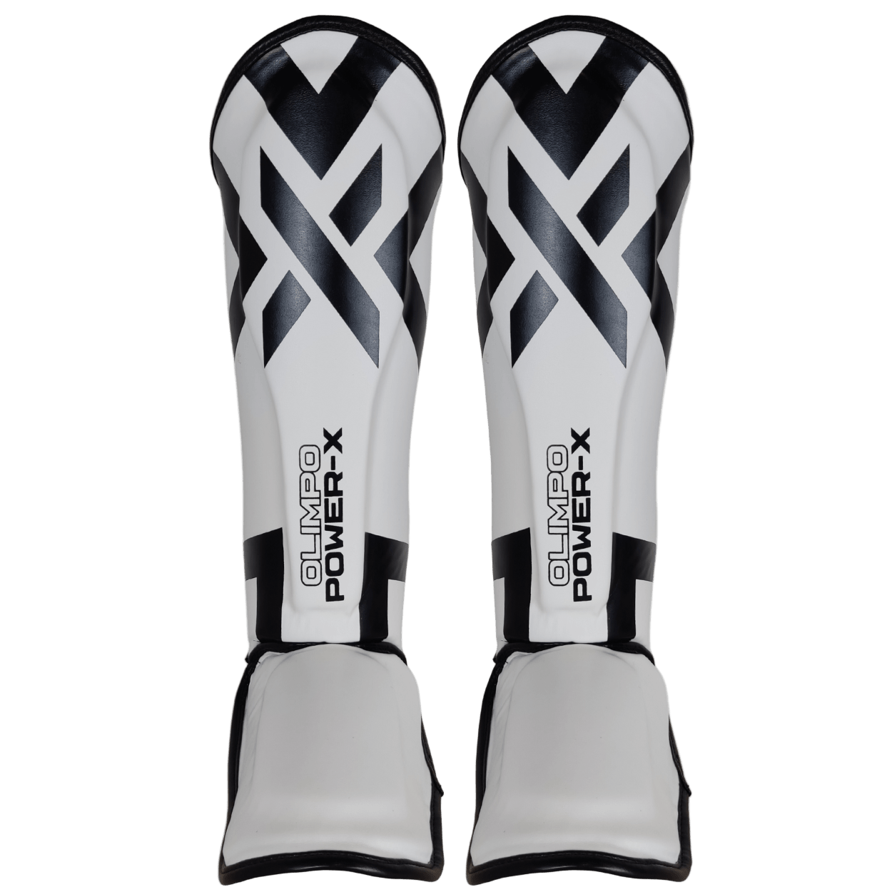 Caneleira Muay Thai Power-X Edition branco com preto vista frontal