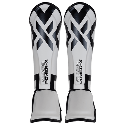 Caneleira Muay Thai Power-X Edition branco com preto vista frontal