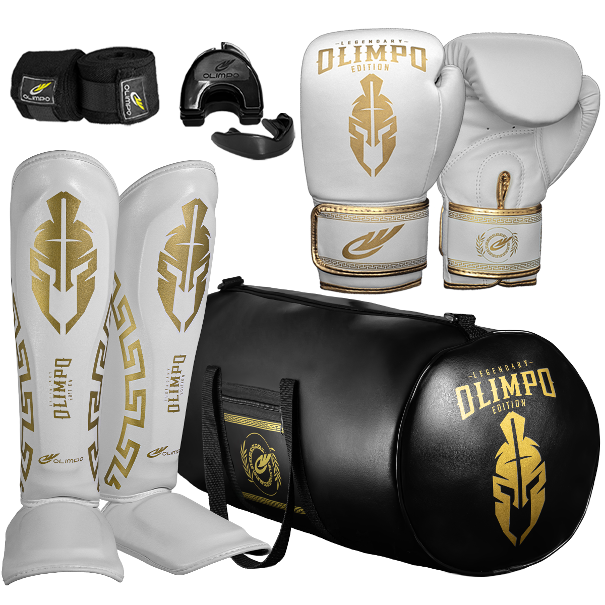 Kit Completo de Muay Thai Legendary Edition – Branco com Dourado – Olimpo