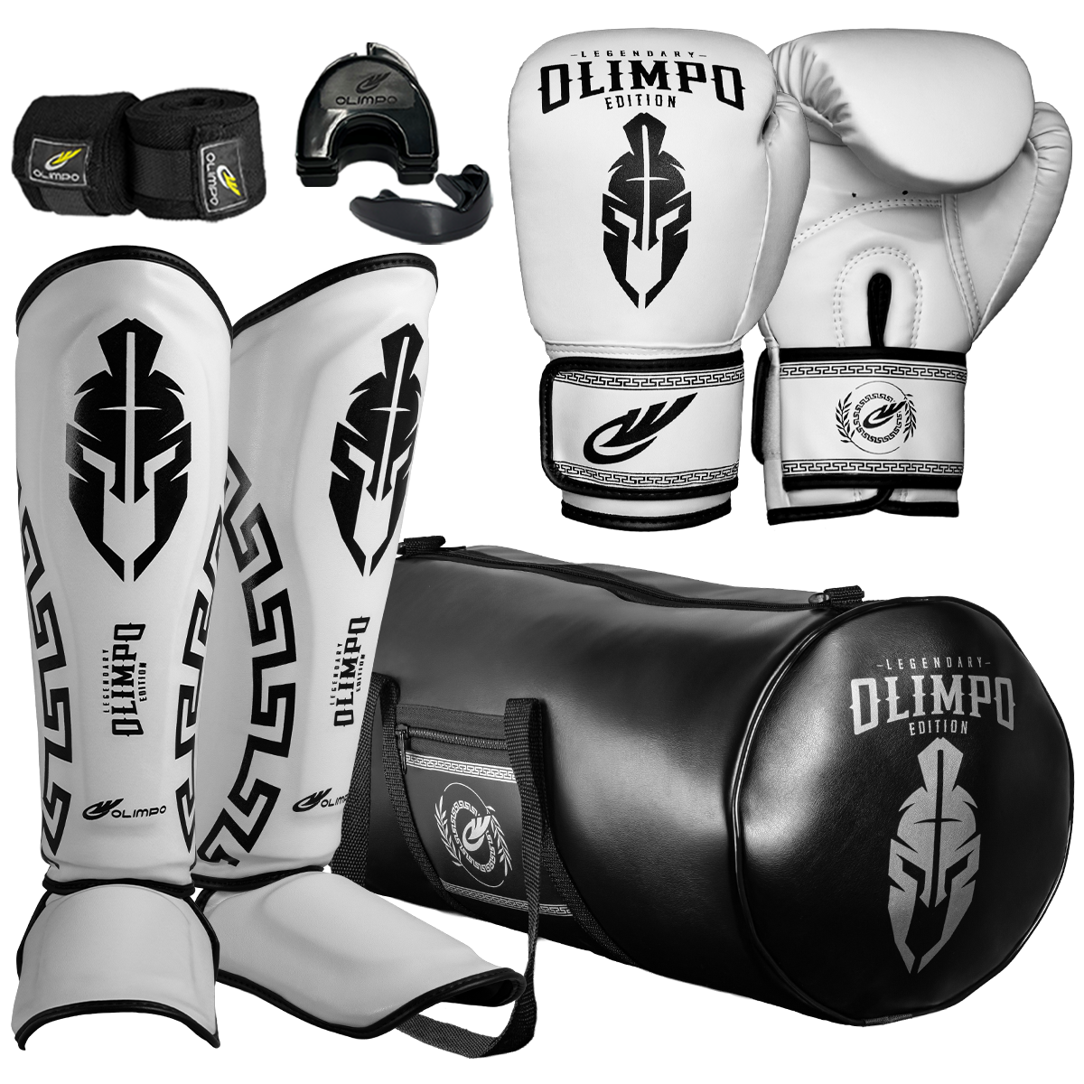 Kit Completo de Muay Thai Legendary Edition – Branco com Preto – Olimpo