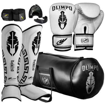 Kit Completo de Muay Thai Legendary Edition – Branco com Preto – Olimpo