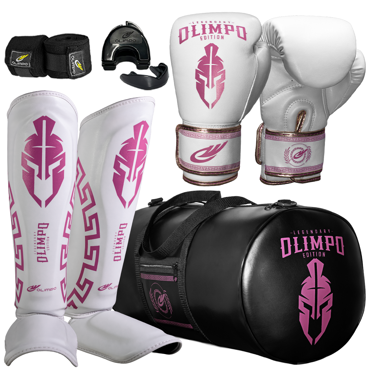 Kit Completo de Muay Thai Legendary Edition – Branco com Rosa – Olimpo
