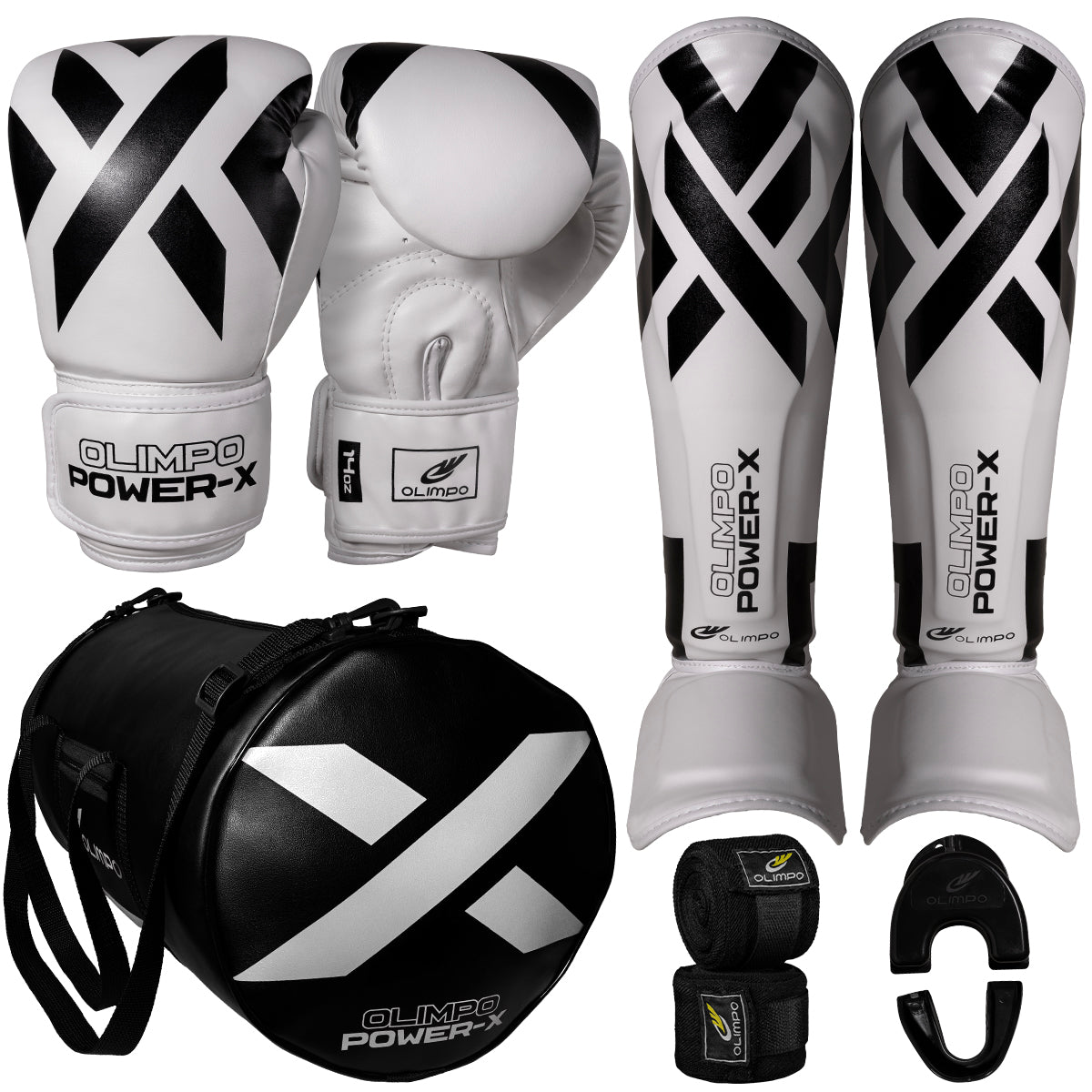 Kit Muay Thai Completo Power-X – Branco com Preto – Olimpo