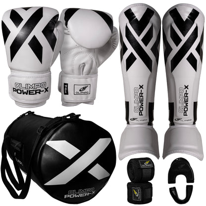 Kit Muay Thai Completo Power-X – Branco com Preto – Olimpo