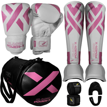 Kit Muay Thai Completo Power-X – Branco com Rosa – Olimpo