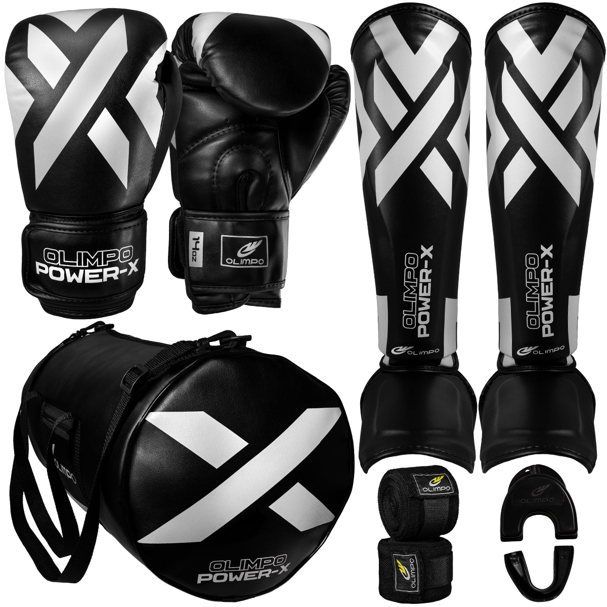 Kit Muay Thai Completo Power-X – Preto com Branco – Olimpo