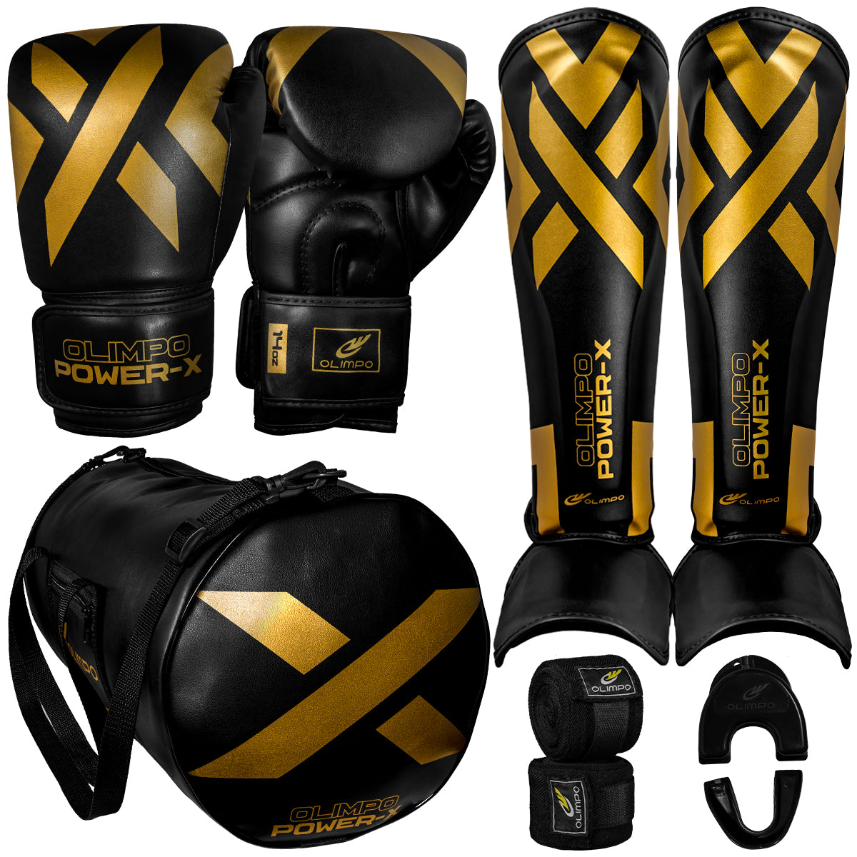 Kit Muay Thai Completo Power-X – Preto com Dourado – Olimpo