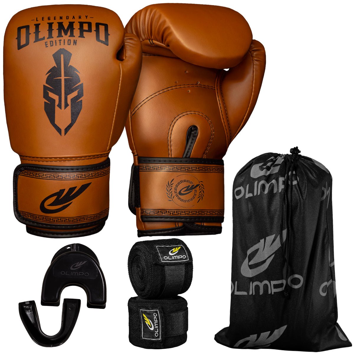 Kit Luva de Boxe, Bandagem e Bucal Legendary Edition – Marrom com Preto – Olimpo