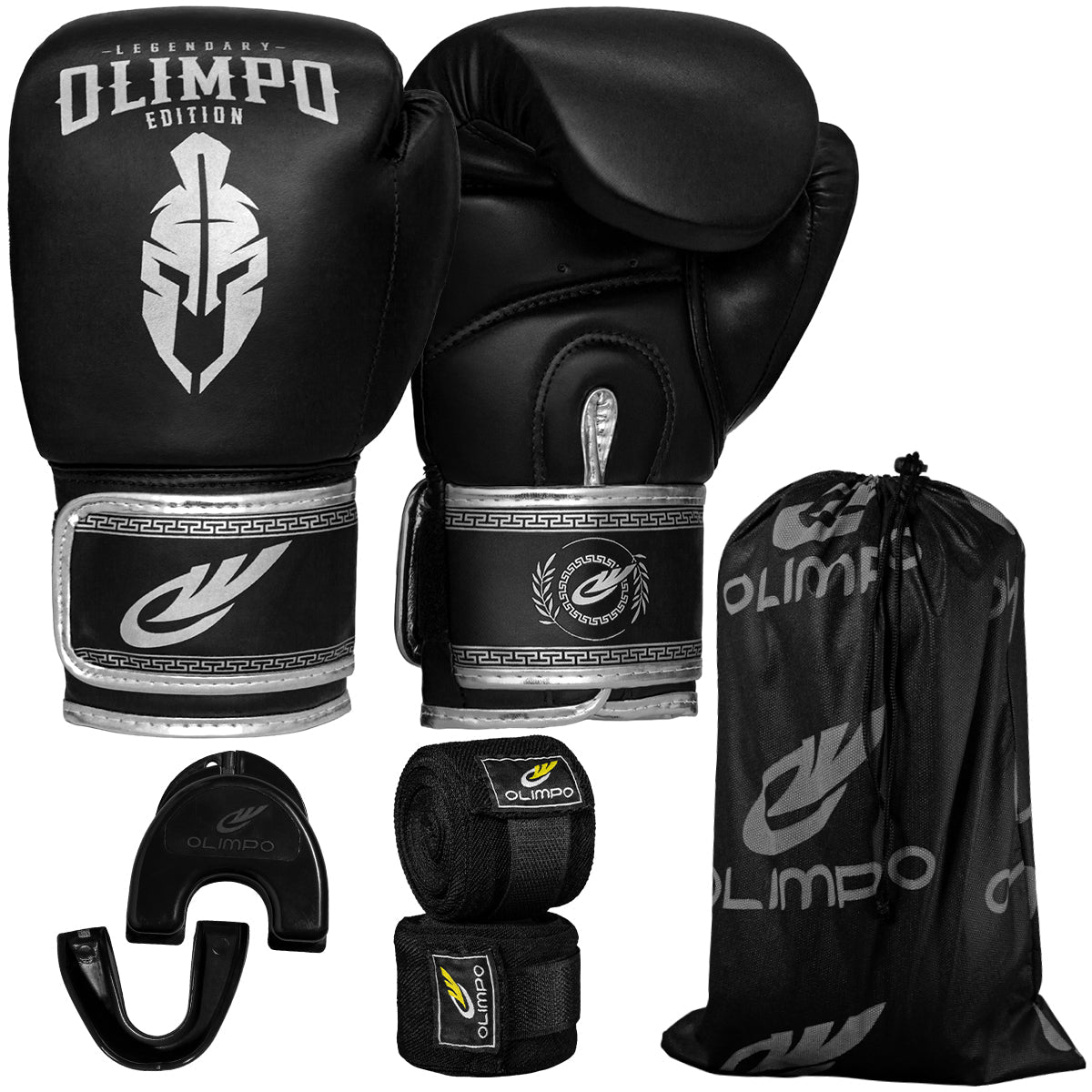 Kit Luva de Boxe, Bandagem e Bucal Legendary Edition – Preto com Prata – Olimpo