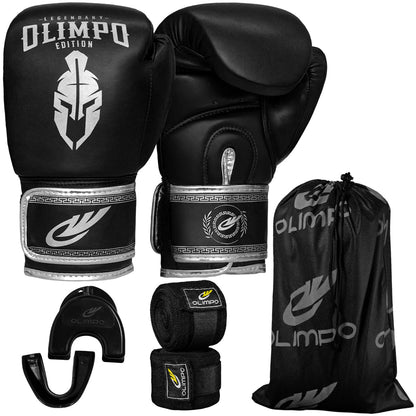 Kit Luva de Boxe, Bandagem e Bucal Legendary Edition – Preto com Prata – Olimpo