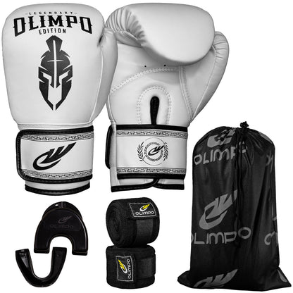 Kit Luva de Boxe, Bandagem e Bucal Legendary Edition – Branco com Preto – Olimpo