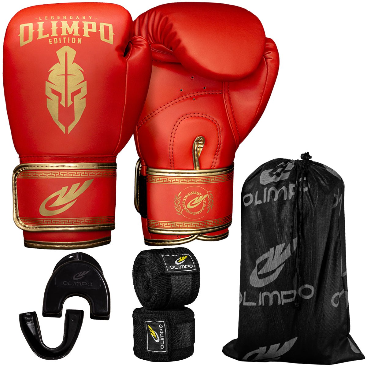 Kit Luva de Boxe, Bandagem e Bucal Legendary Edition – Vermelho com Dourado – Olimpo