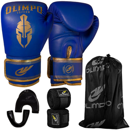 Kit Luva de Boxe, Bandagem e Bucal Legendary Edition – Azul com Dourado – Olimpo