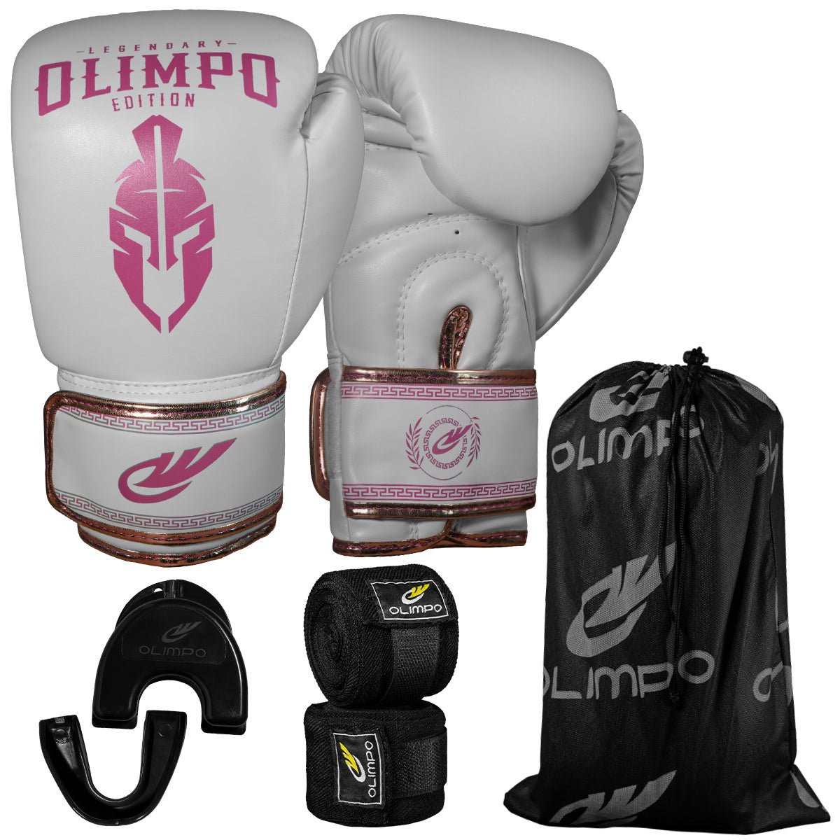 Kit Luva de Boxe, Bandagem e Bucal Legendary Edition – Branco com Rosa – Olimpo