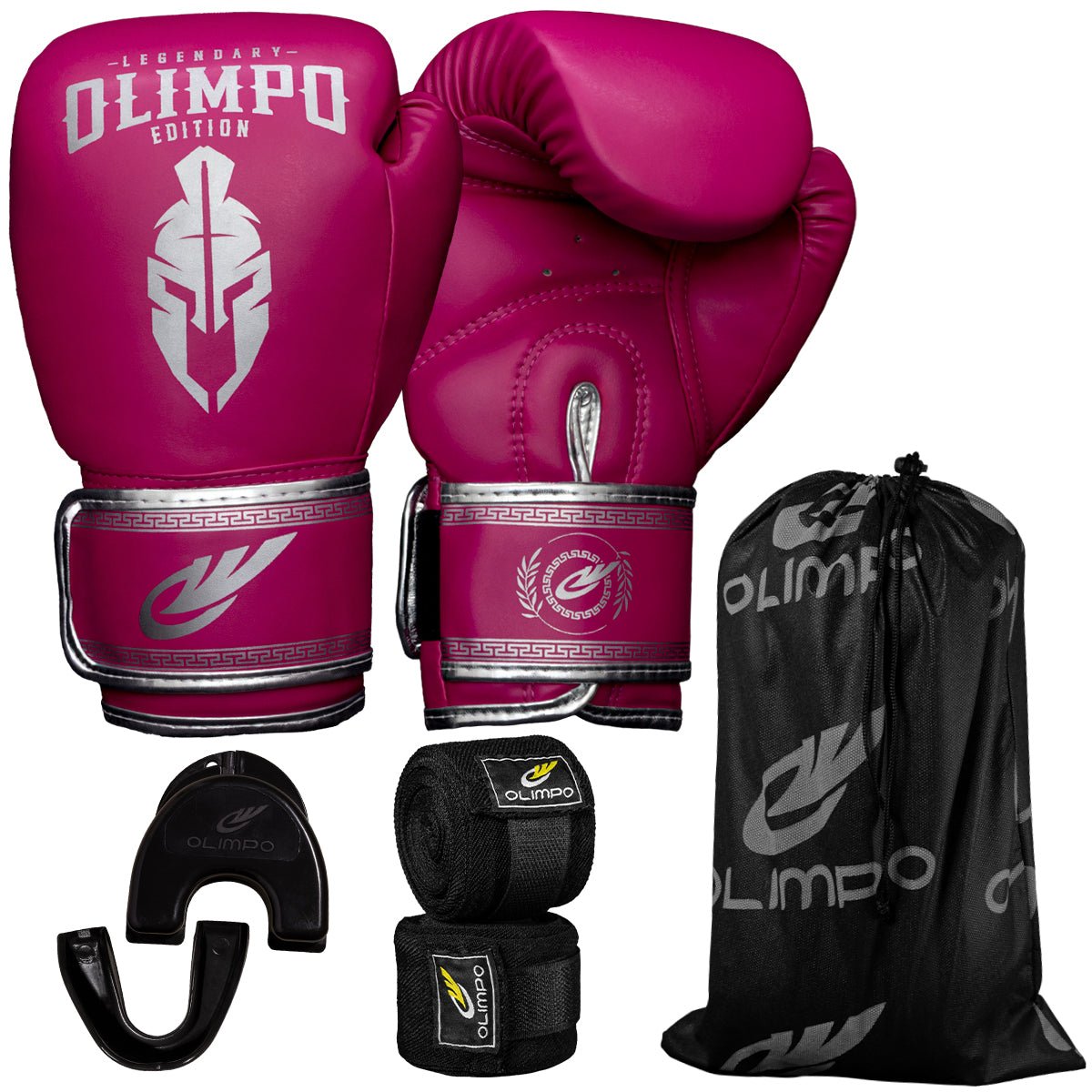 Kit Luva de Boxe, Bandagem e Bucal Legendary Edition – Rosa com Prata – Olimpo