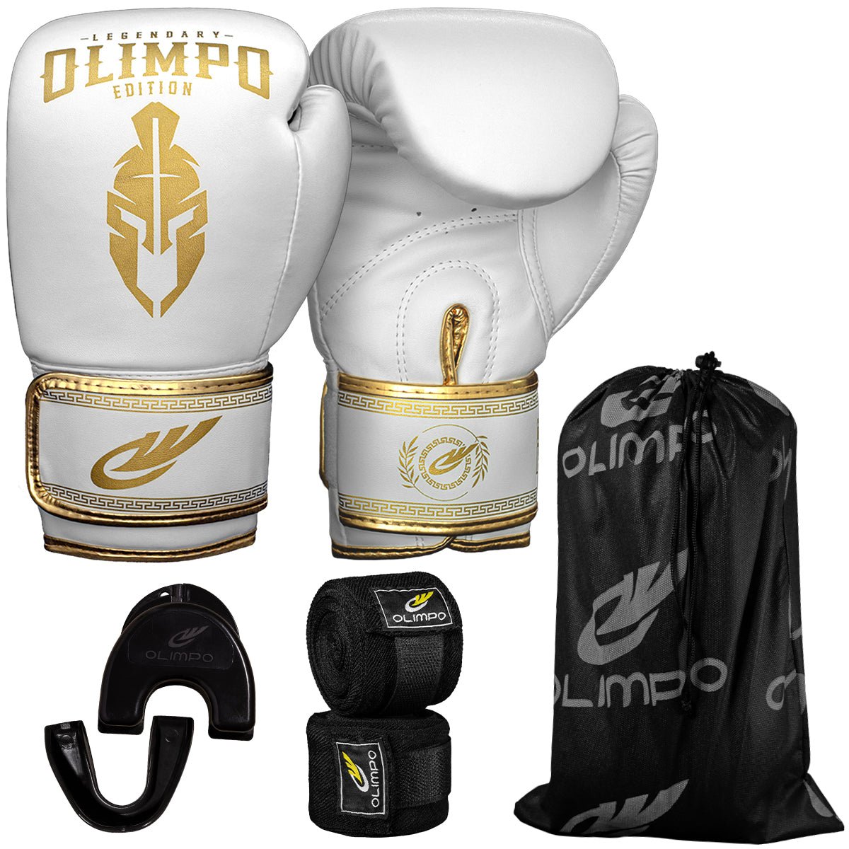 Kit Luva de Boxe, Bandagem e Bucal Legendary Edition – Branco com Dourado – Olimpo