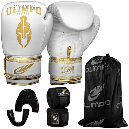 Kit Luva de Boxe, Bandagem e Bucal Legendary Edition – Branco com Dourado – Olimpo
