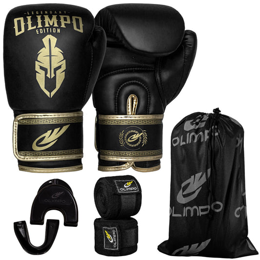 Kit Luva de Boxe, Bandagem e Bucal Legendary Edition – Preto com Dourado – Olimpo