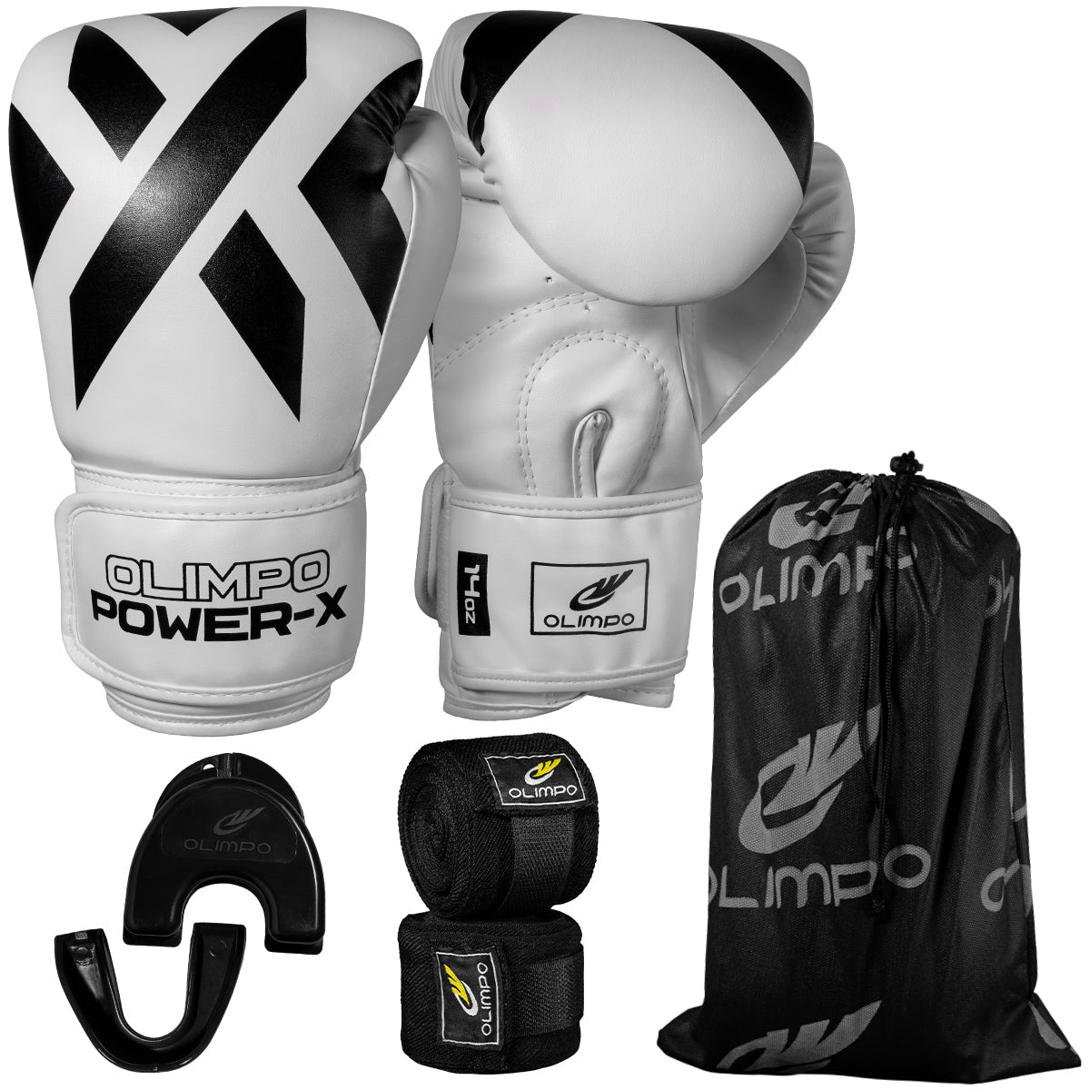 Kit Luva de Boxe, Bandagem e Bucal Power-X – Branco com Preto – Olimpo