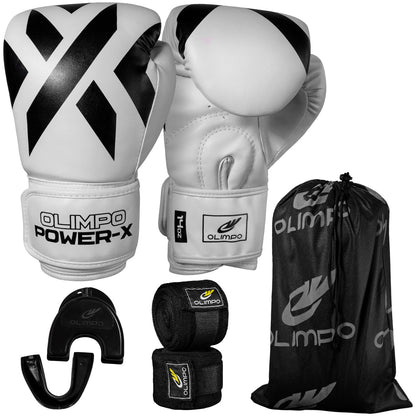 Kit Luva de Boxe, Bandagem e Bucal Power-X – Branco com Preto – Olimpo