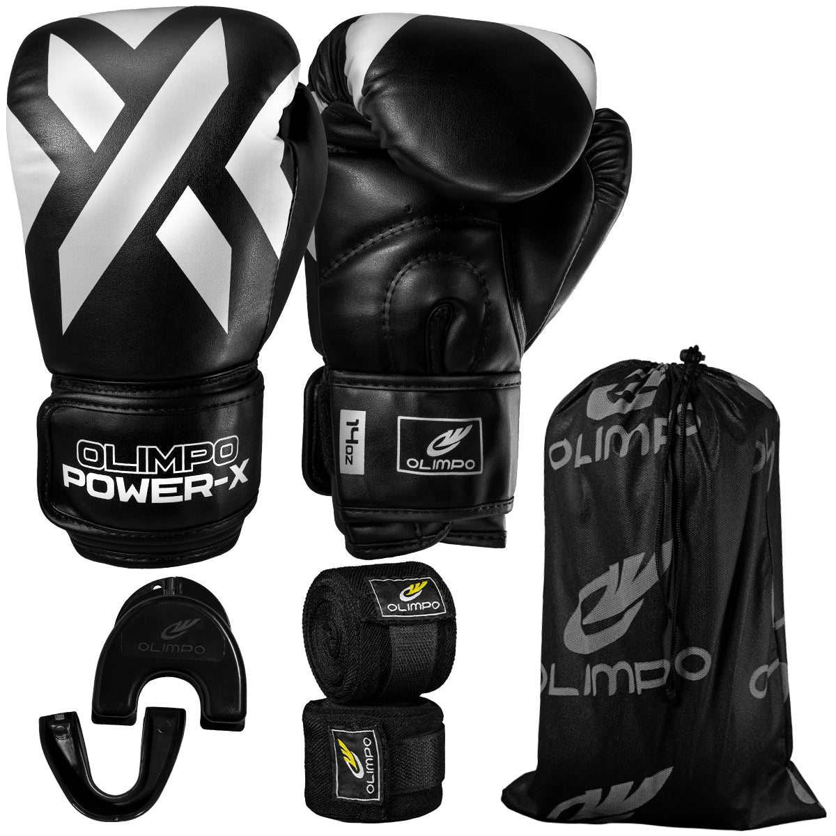 Kit Luva de Boxe, Bandagem e Bucal Power-X – Preto com Branco – Olimpo
