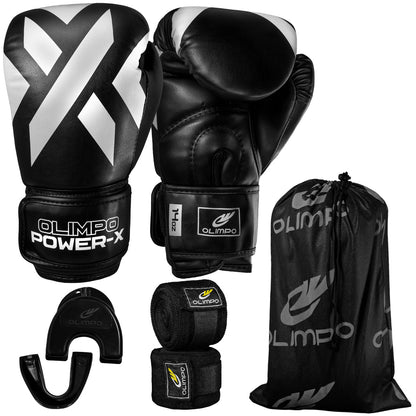 Kit Luva de Boxe, Bandagem e Bucal Power-X – Preto com Branco – Olimpo