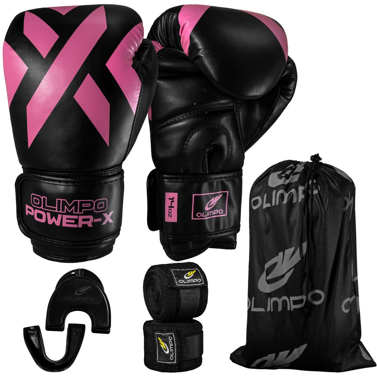 Kit Luva de Boxe, Bandagem e Bucal Power-X – Preto com Rosa – Olimpo