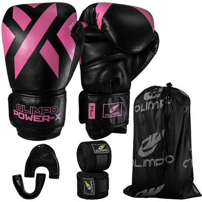 Kit Luva de Boxe, Bandagem e Bucal Power-X – Preto com Rosa – Olimpo