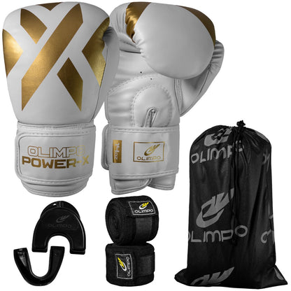 Kit Luva de Boxe, Bandagem e Bucal Power-X – Branco com Dourado – Olimpo
