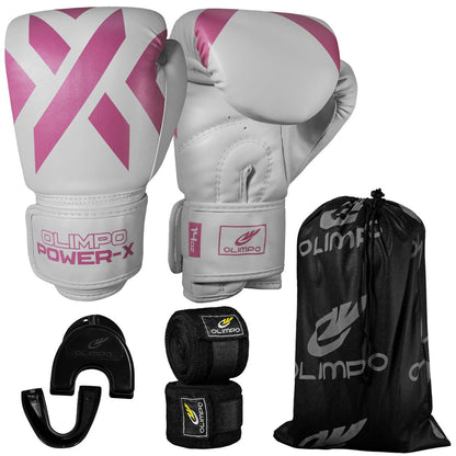 Kit Luva de Boxe, Bandagem e Bucal Power-X – Branco com Rosa – Olimpo