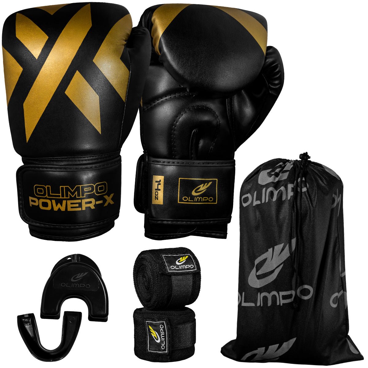 Kit Luva de Boxe, Bandagem e Bucal Power-X – Preto com Dourado – Olimpo
