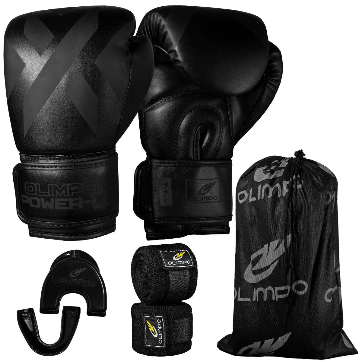 Kit Luva de Boxe, Bandagem e Bucal Power-X – Preto com Preto – Olimpo