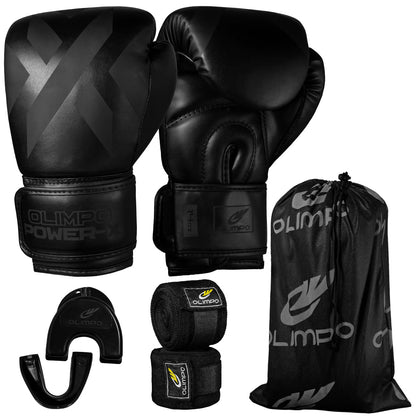 Kit Luva de Boxe, Bandagem e Bucal Power-X – Preto com Preto – Olimpo